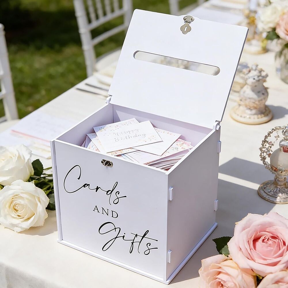 SOFARKKT Large Wedding Card Box with Lock & Slot, 14 x 9 x 10 inches, White